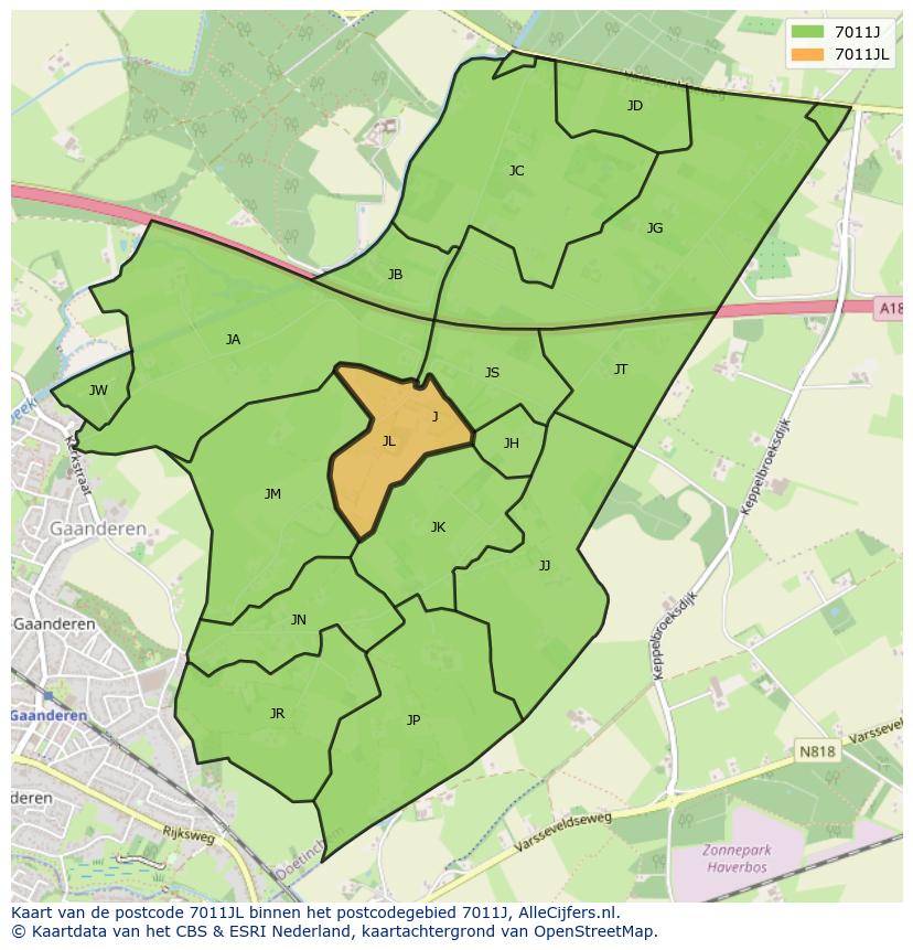 Afbeelding van het postcodegebied 7011 JL op de kaart.