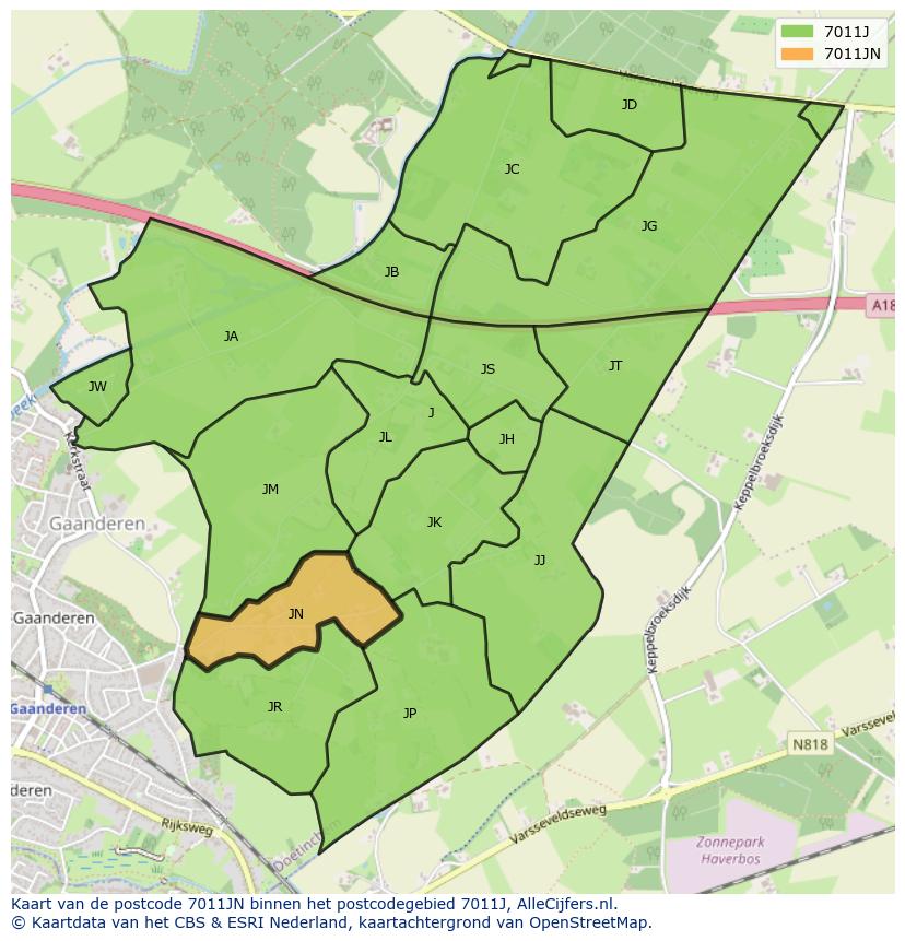Afbeelding van het postcodegebied 7011 JN op de kaart.