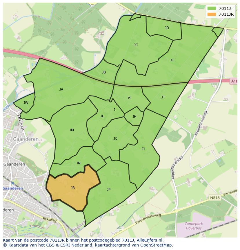 Afbeelding van het postcodegebied 7011 JR op de kaart.