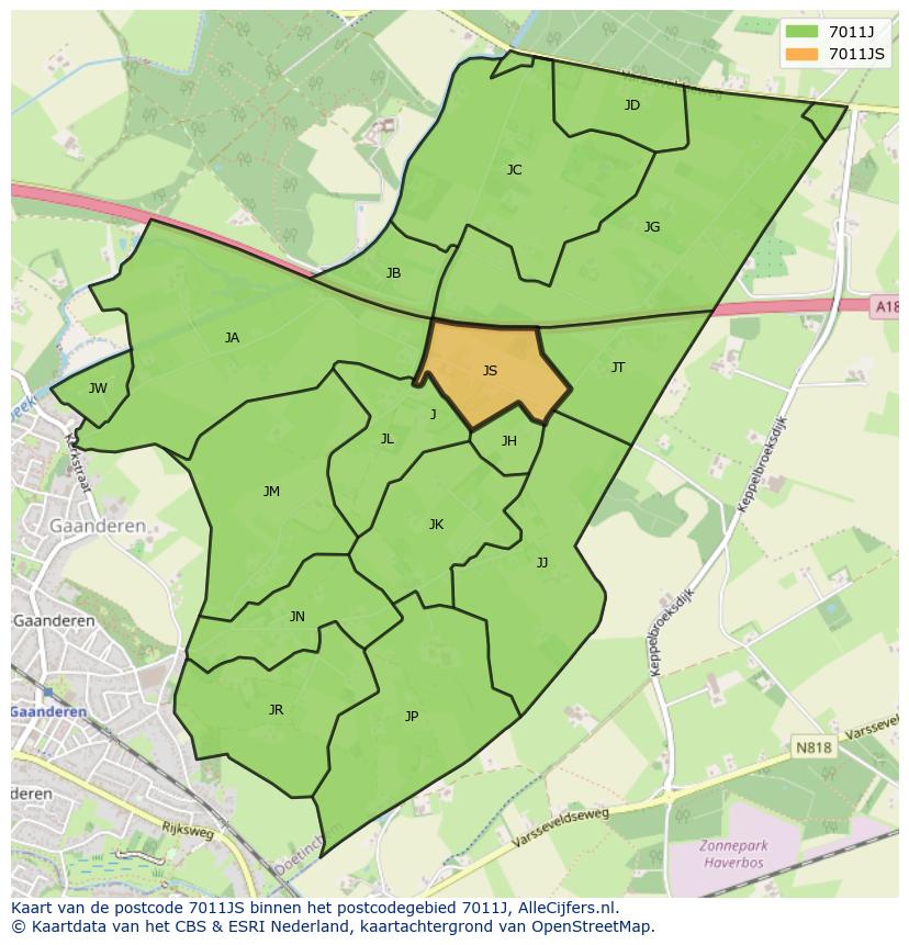 Afbeelding van het postcodegebied 7011 JS op de kaart.