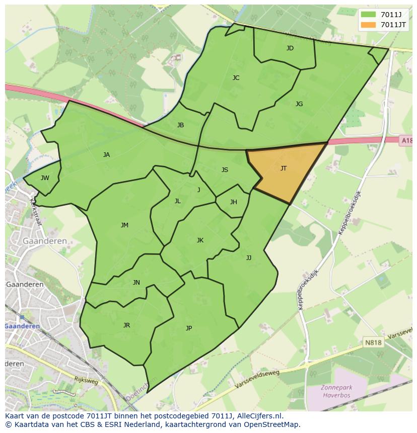 Afbeelding van het postcodegebied 7011 JT op de kaart.