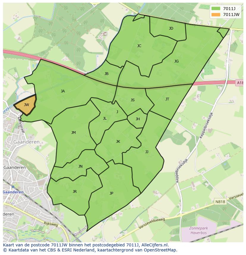 Afbeelding van het postcodegebied 7011 JW op de kaart.