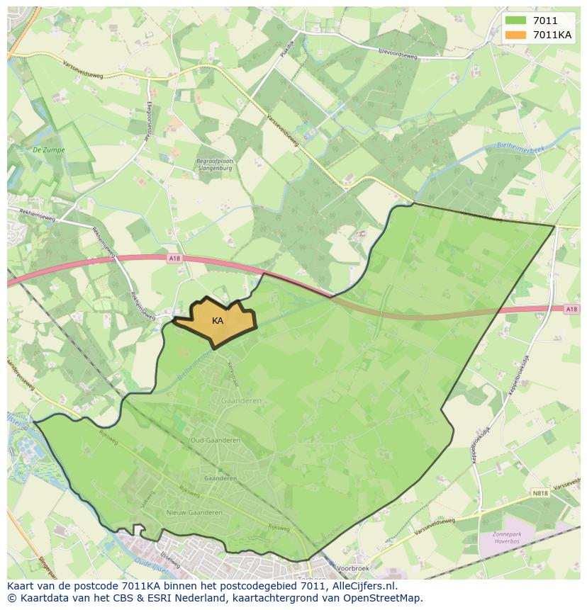 Afbeelding van het postcodegebied 7011 KA op de kaart.