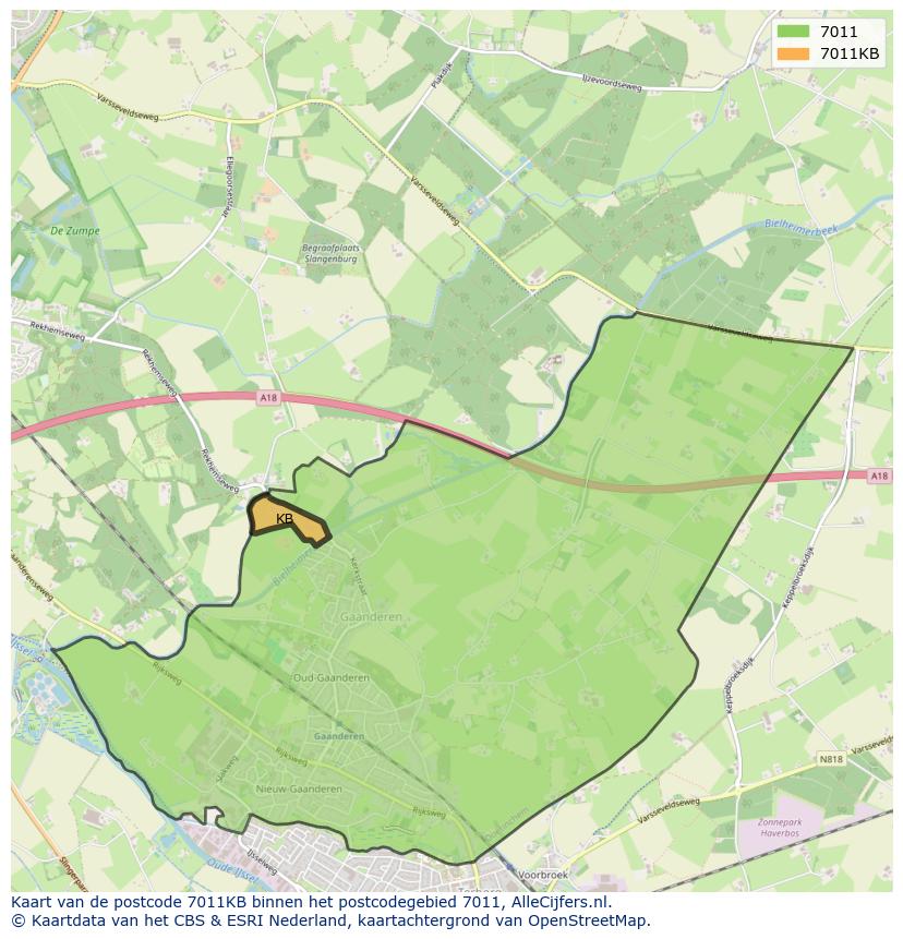 Afbeelding van het postcodegebied 7011 KB op de kaart.