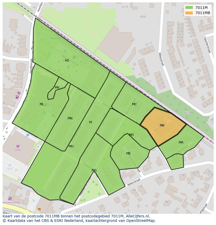 Afbeelding van het postcodegebied 7011 MB op de kaart.