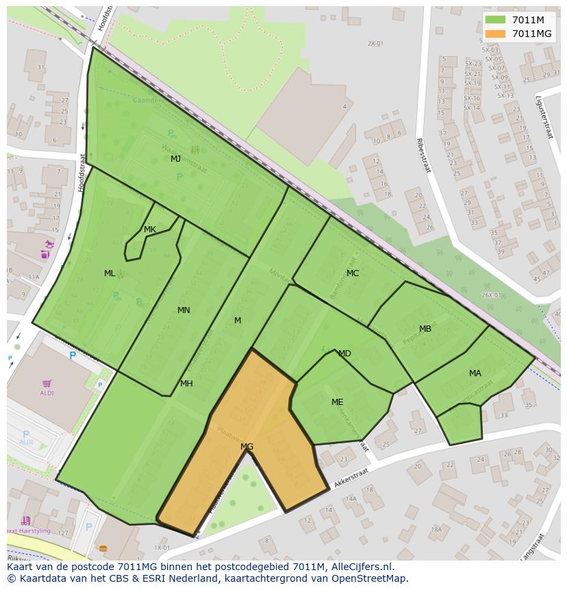 Afbeelding van het postcodegebied 7011 MG op de kaart.