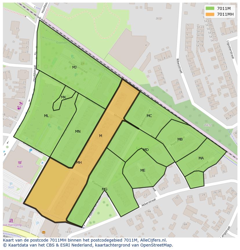 Afbeelding van het postcodegebied 7011 MH op de kaart.