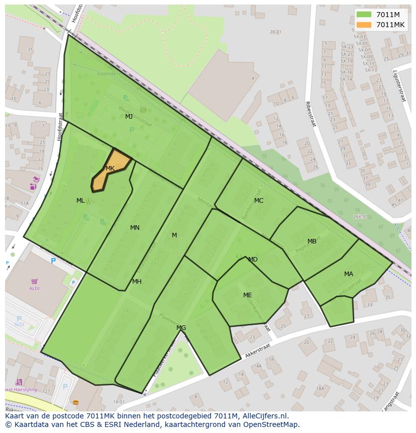 Afbeelding van het postcodegebied 7011 MK op de kaart.