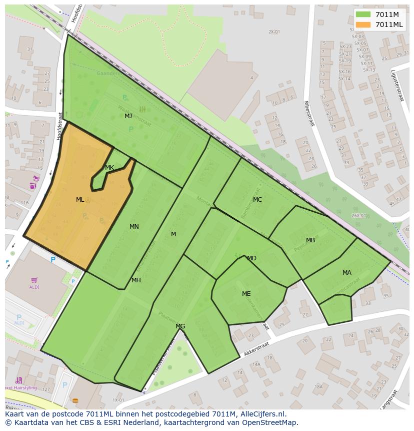 Afbeelding van het postcodegebied 7011 ML op de kaart.