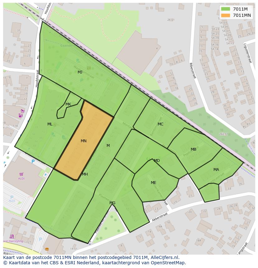 Afbeelding van het postcodegebied 7011 MN op de kaart.