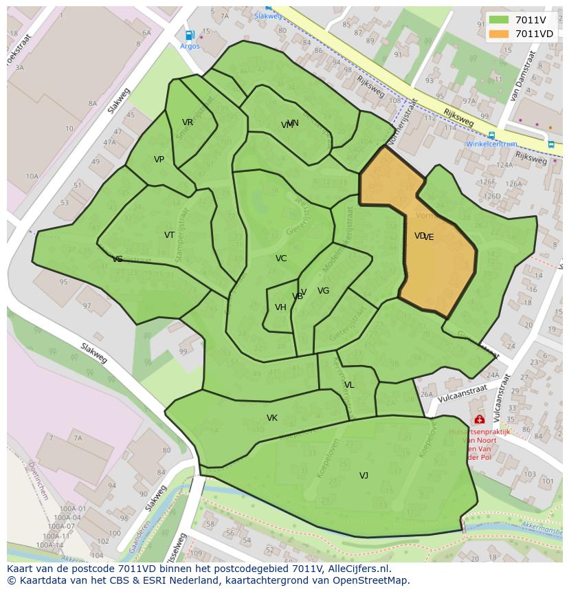 Afbeelding van het postcodegebied 7011 VD op de kaart.