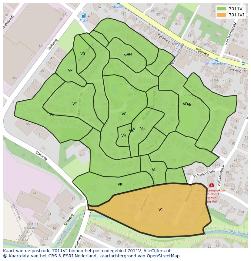 Afbeelding van het postcodegebied 7011 VJ op de kaart.