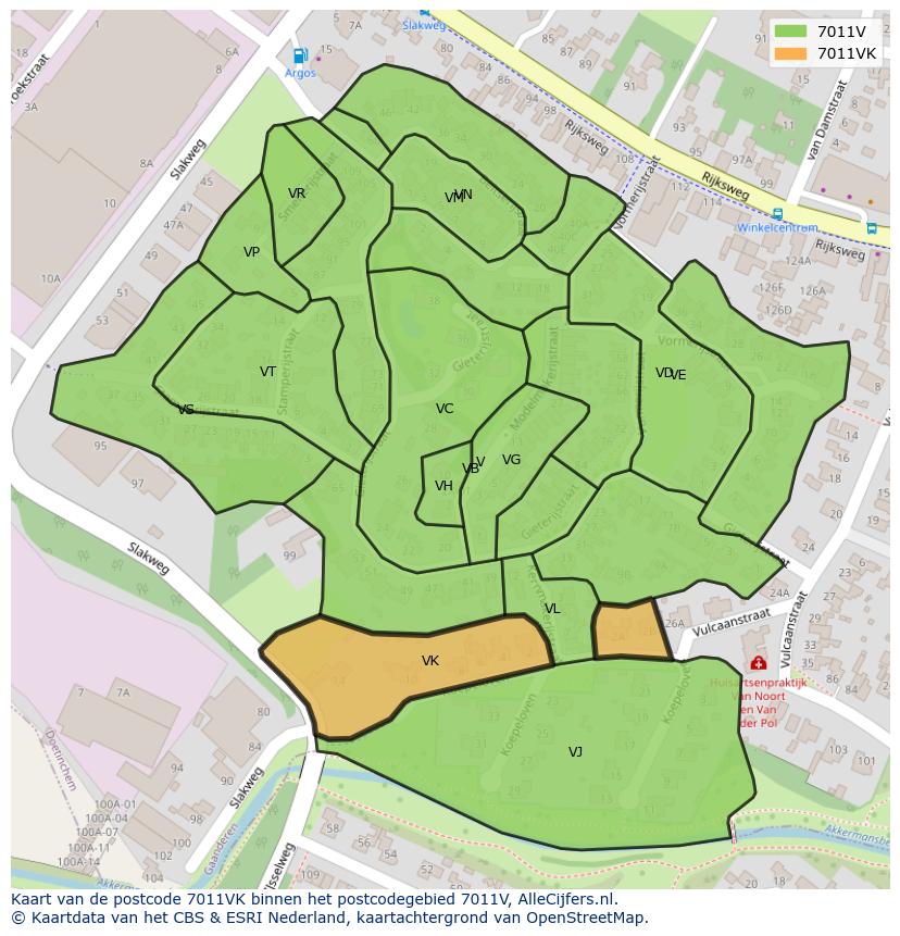 Afbeelding van het postcodegebied 7011 VK op de kaart.