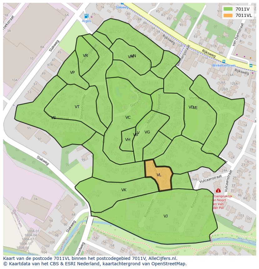 Afbeelding van het postcodegebied 7011 VL op de kaart.