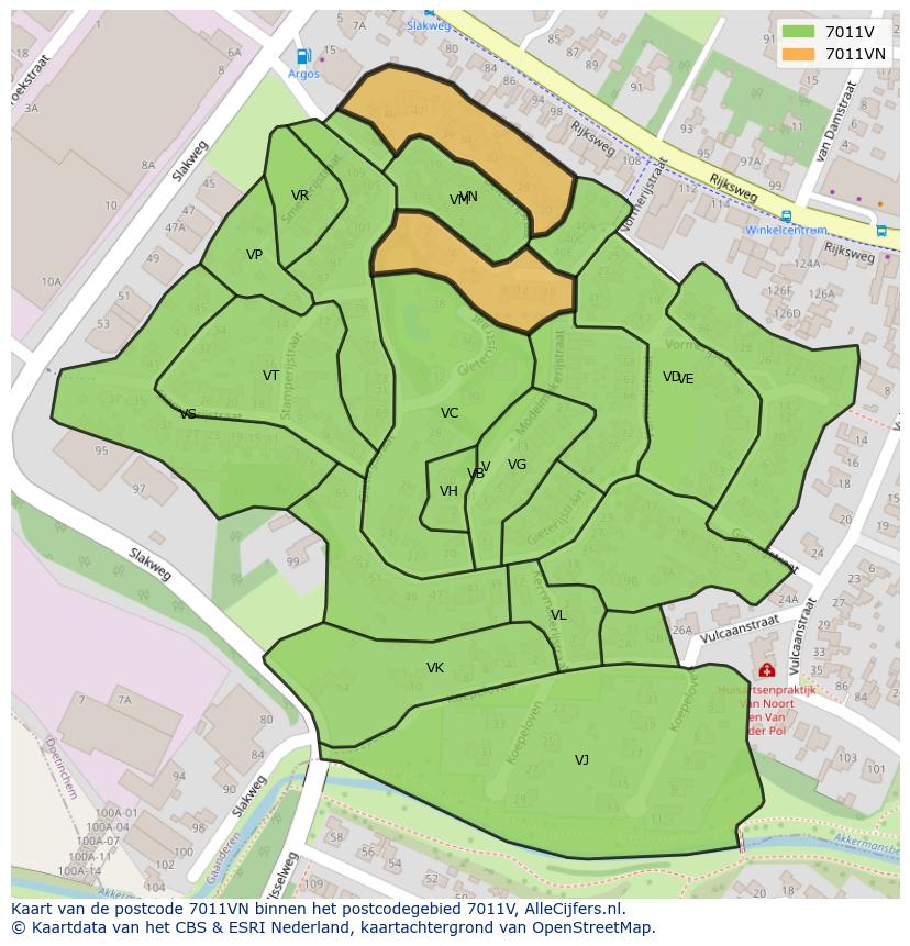 Afbeelding van het postcodegebied 7011 VN op de kaart.