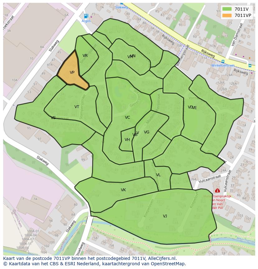 Afbeelding van het postcodegebied 7011 VP op de kaart.