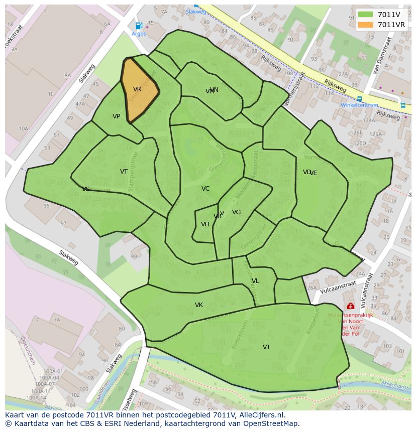 Afbeelding van het postcodegebied 7011 VR op de kaart.