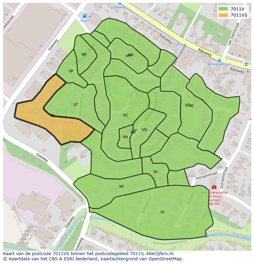 Afbeelding van het postcodegebied 7011 VS op de kaart.