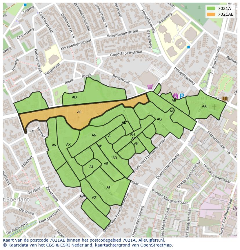 Afbeelding van het postcodegebied 7021 AE op de kaart.