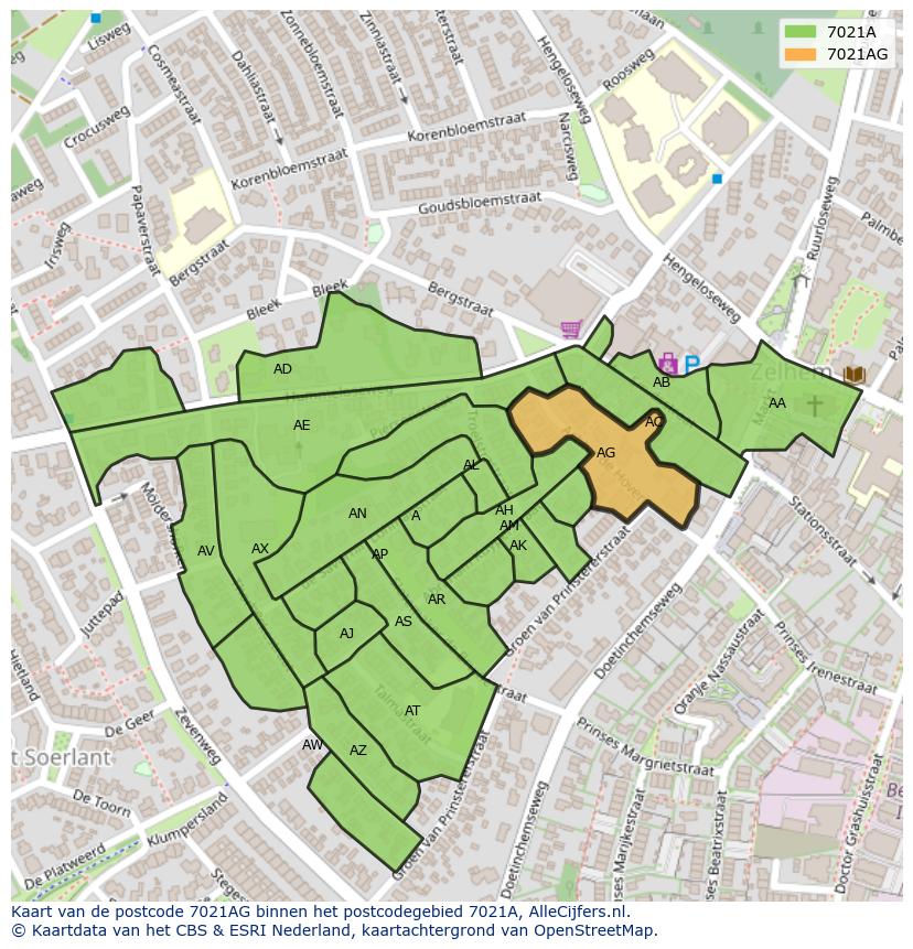 Afbeelding van het postcodegebied 7021 AG op de kaart.