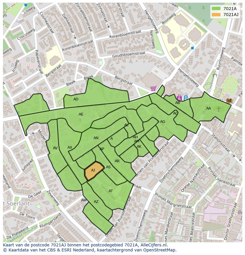 Afbeelding van het postcodegebied 7021 AJ op de kaart.