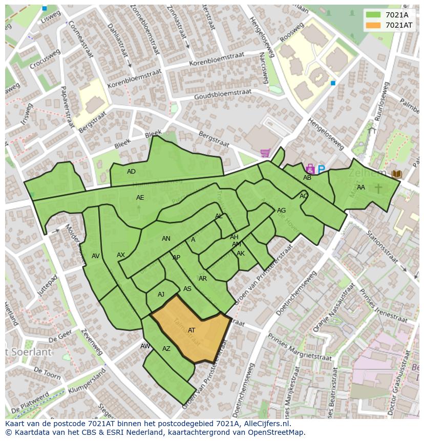 Afbeelding van het postcodegebied 7021 AT op de kaart.