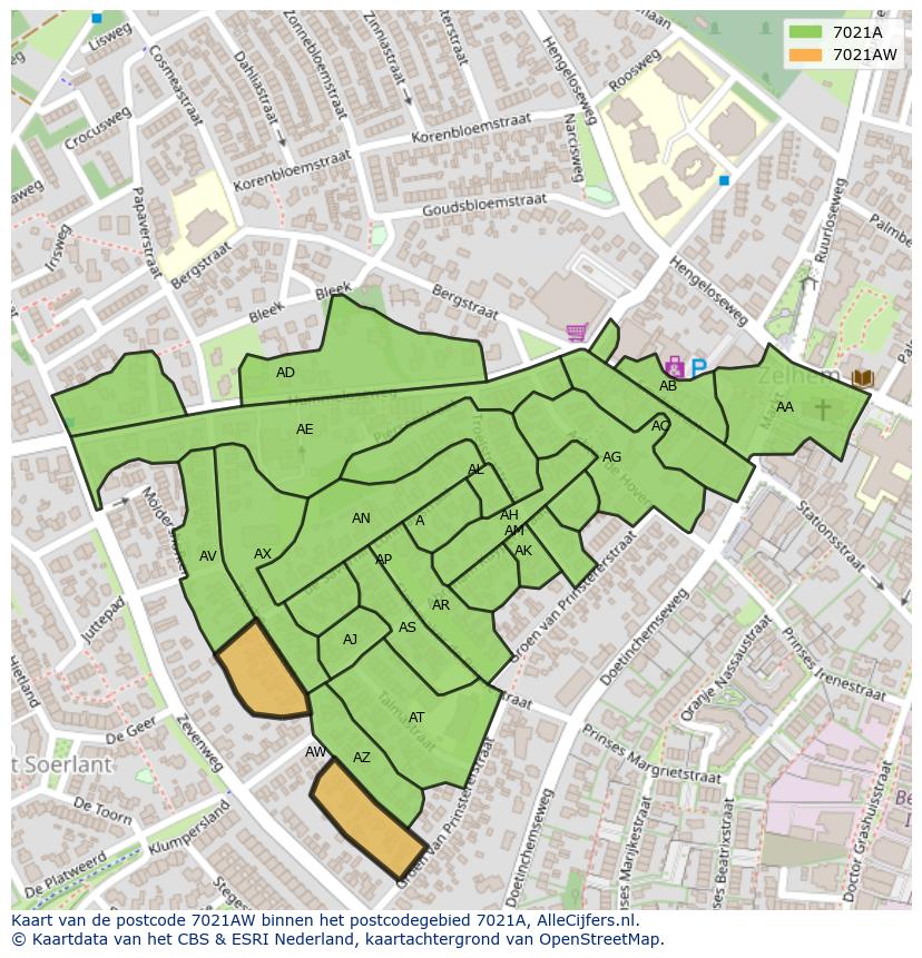 Afbeelding van het postcodegebied 7021 AW op de kaart.
