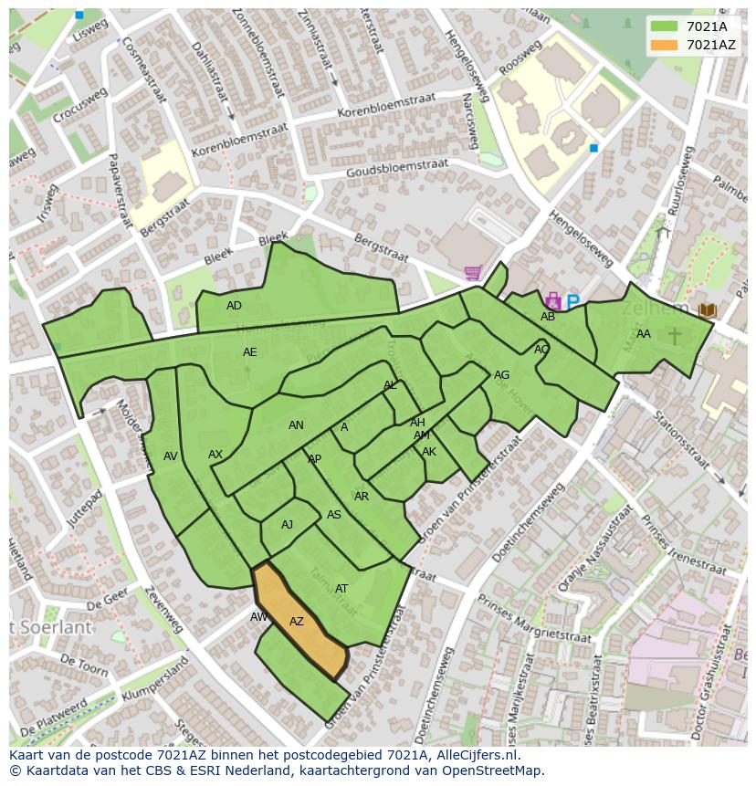 Afbeelding van het postcodegebied 7021 AZ op de kaart.