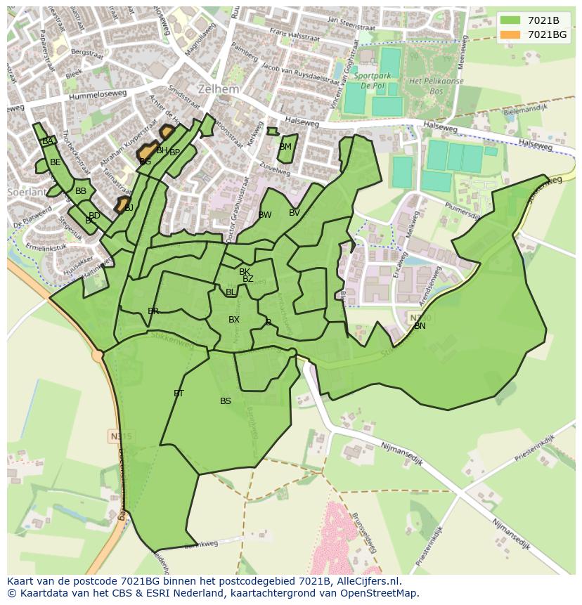 Afbeelding van het postcodegebied 7021 BG op de kaart.