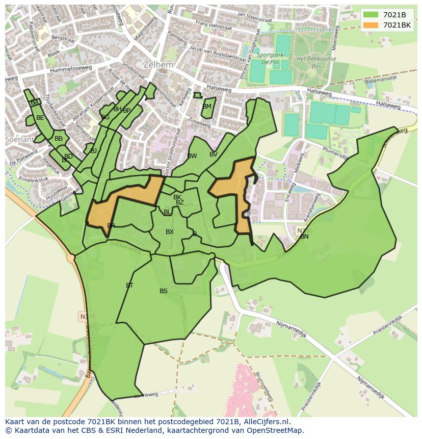 Afbeelding van het postcodegebied 7021 BK op de kaart.