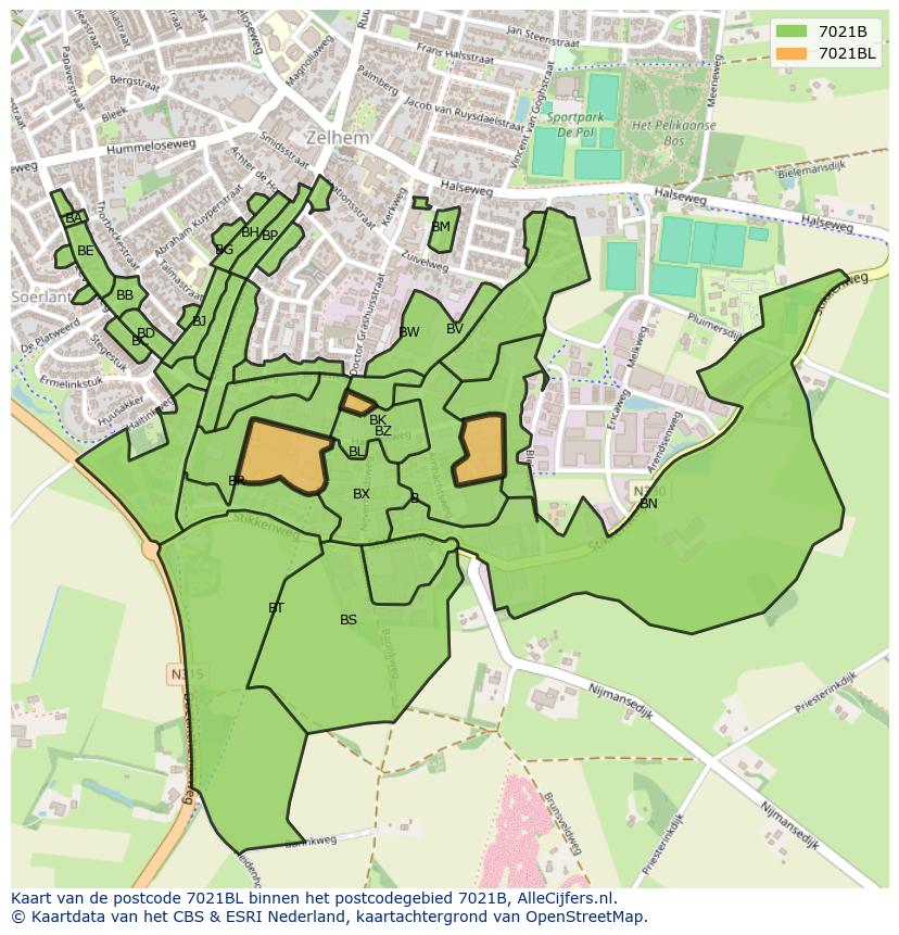 Afbeelding van het postcodegebied 7021 BL op de kaart.