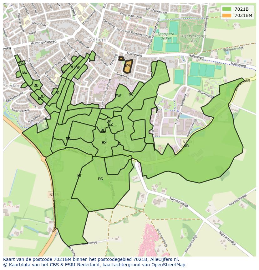 Afbeelding van het postcodegebied 7021 BM op de kaart.