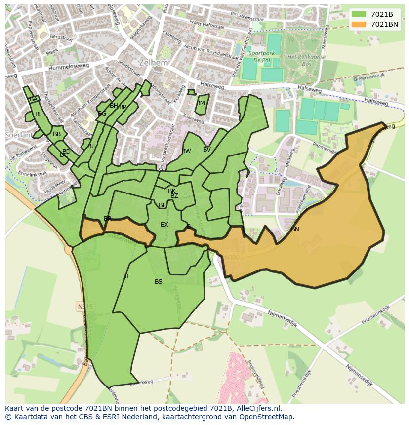 Afbeelding van het postcodegebied 7021 BN op de kaart.