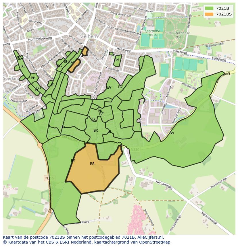 Afbeelding van het postcodegebied 7021 BS op de kaart.