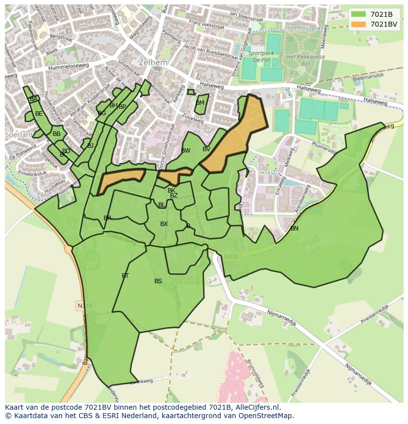 Afbeelding van het postcodegebied 7021 BV op de kaart.