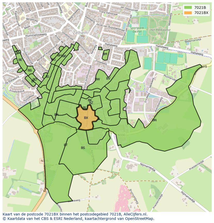 Afbeelding van het postcodegebied 7021 BX op de kaart.