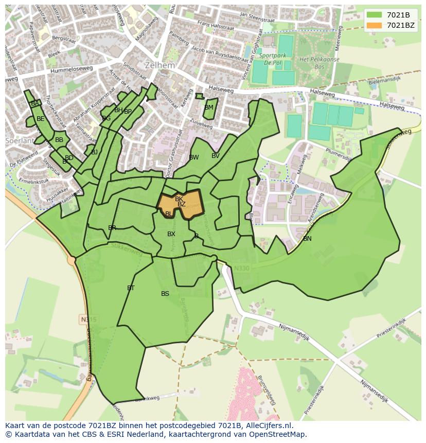 Afbeelding van het postcodegebied 7021 BZ op de kaart.