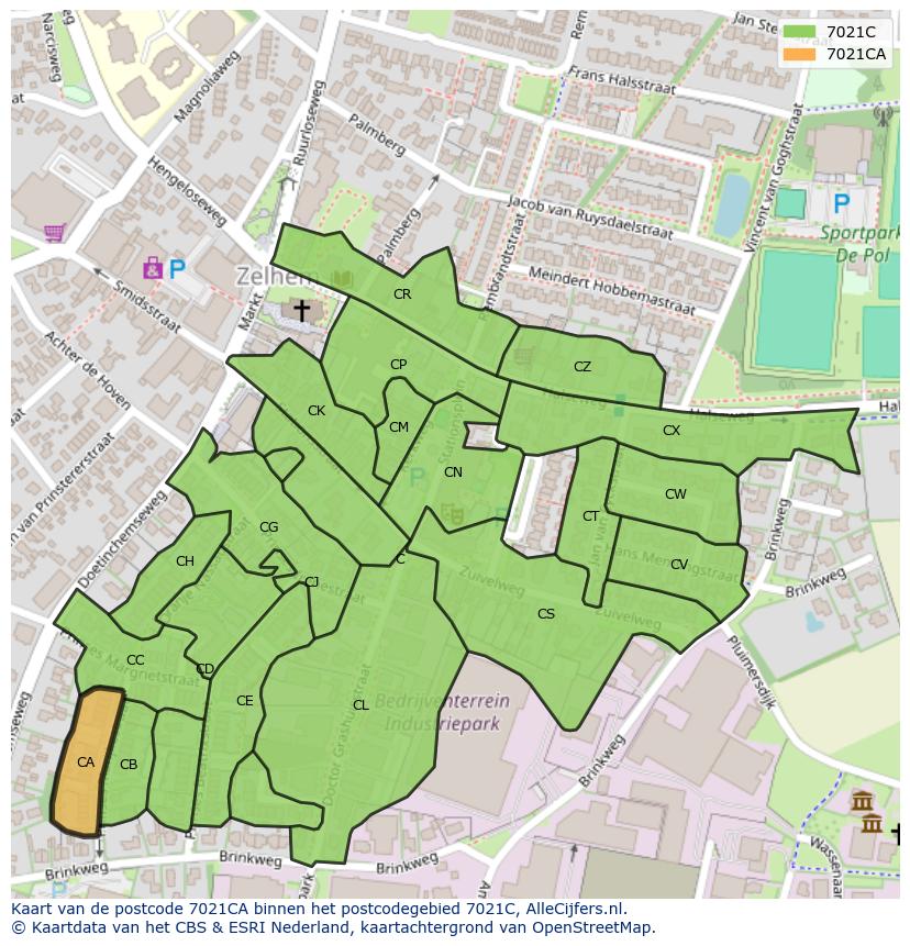Afbeelding van het postcodegebied 7021 CA op de kaart.