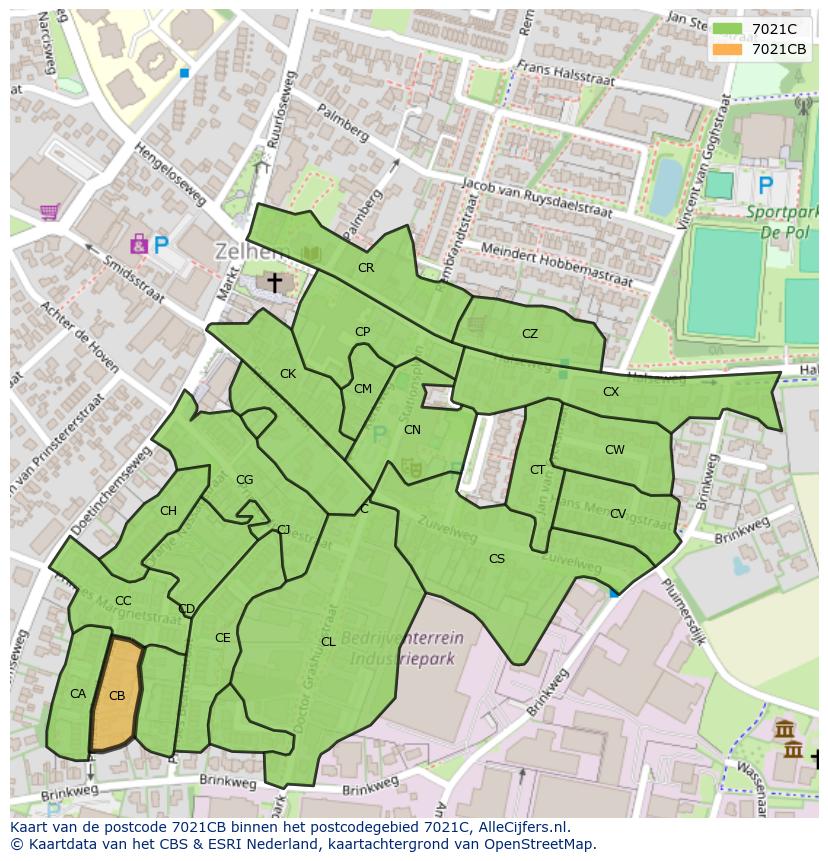 Afbeelding van het postcodegebied 7021 CB op de kaart.