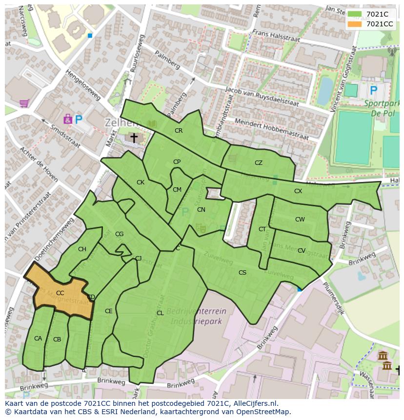 Afbeelding van het postcodegebied 7021 CC op de kaart.