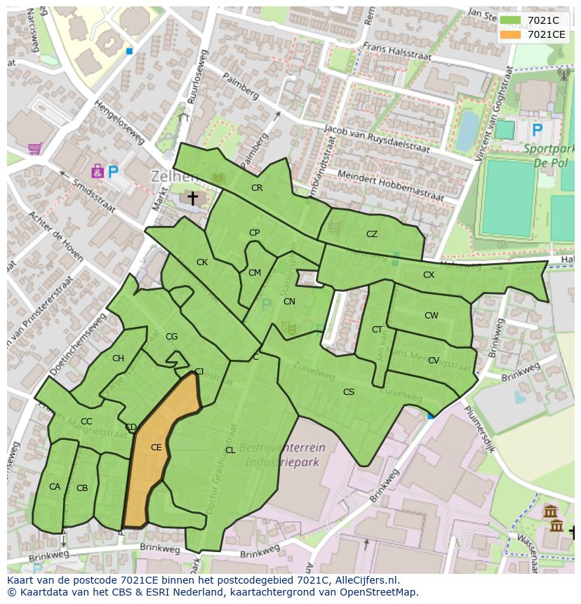 Afbeelding van het postcodegebied 7021 CE op de kaart.
