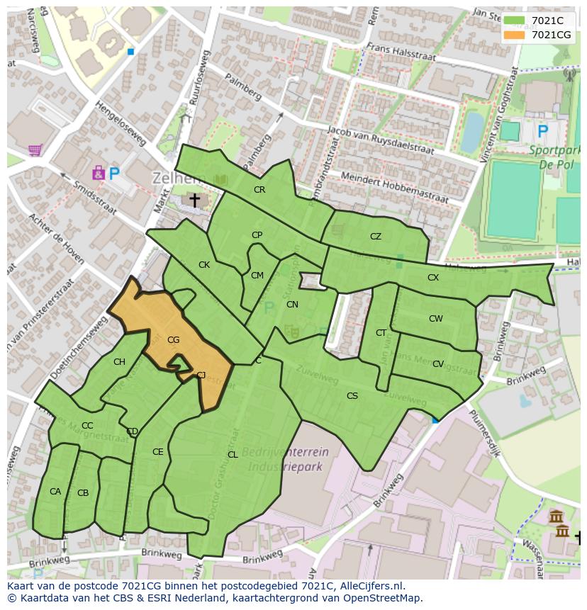 Afbeelding van het postcodegebied 7021 CG op de kaart.