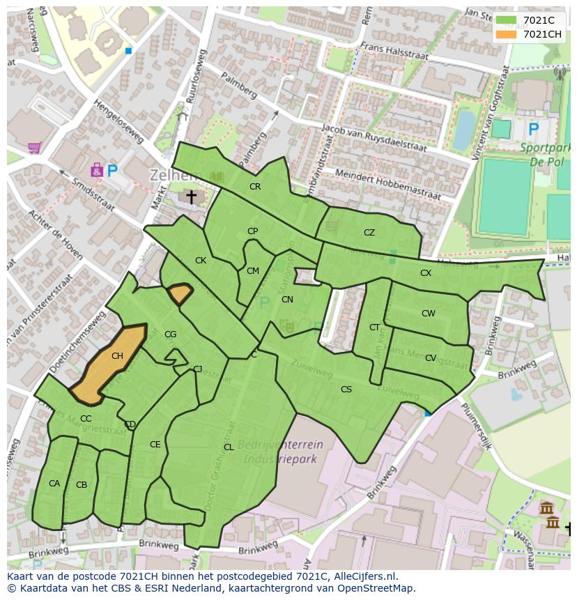 Afbeelding van het postcodegebied 7021 CH op de kaart.