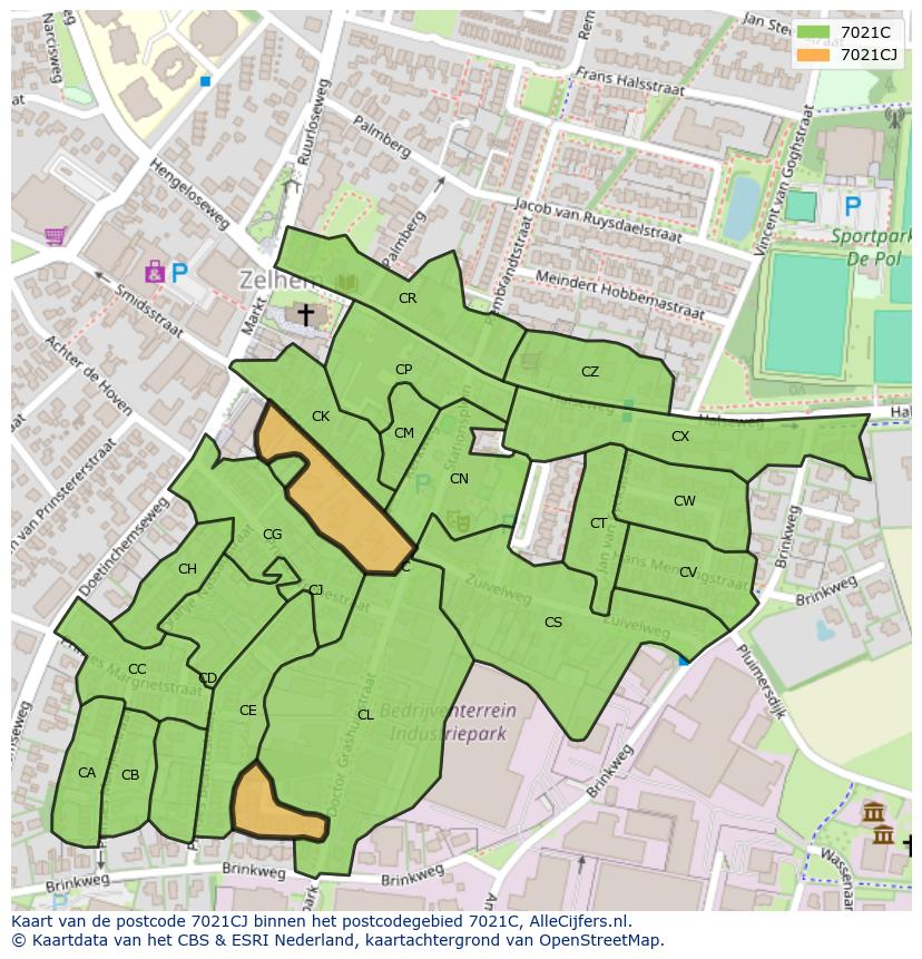 Afbeelding van het postcodegebied 7021 CJ op de kaart.