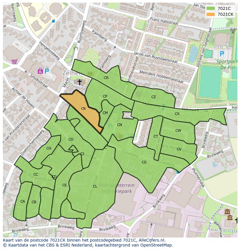 Afbeelding van het postcodegebied 7021 CK op de kaart.