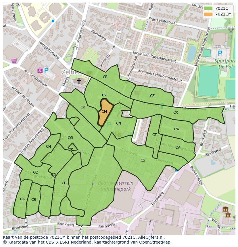 Afbeelding van het postcodegebied 7021 CM op de kaart.