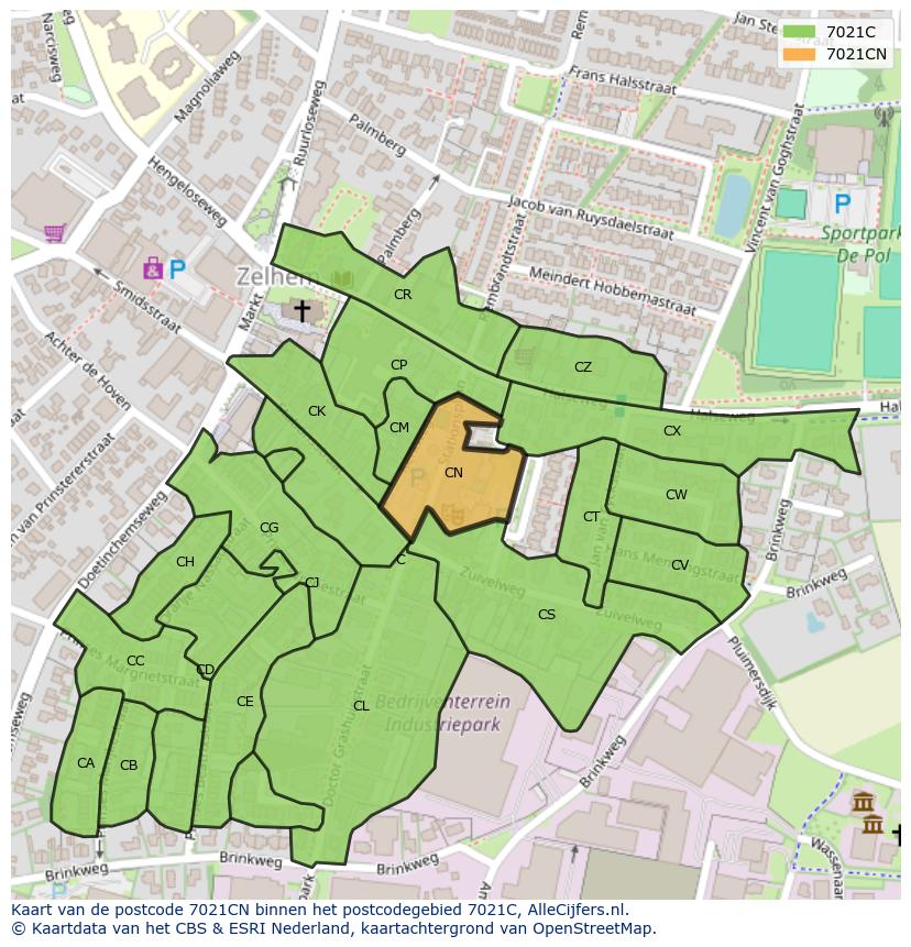 Afbeelding van het postcodegebied 7021 CN op de kaart.