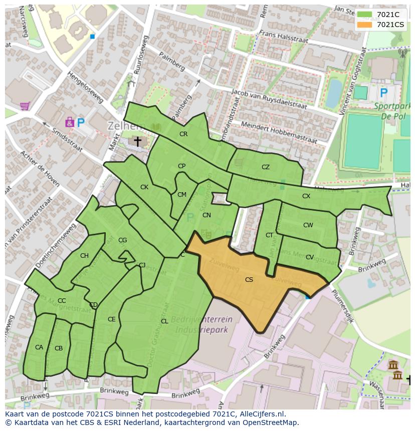 Afbeelding van het postcodegebied 7021 CS op de kaart.