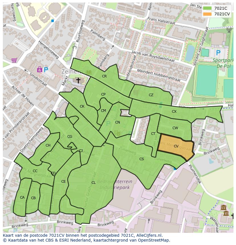 Afbeelding van het postcodegebied 7021 CV op de kaart.