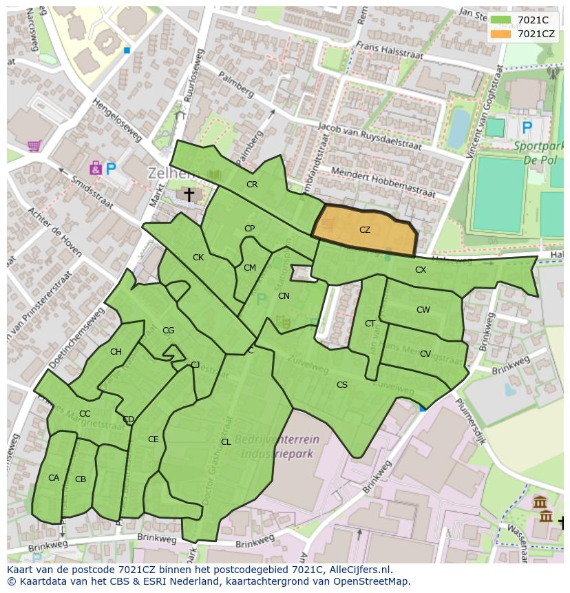Afbeelding van het postcodegebied 7021 CZ op de kaart.